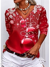 abordables Hauts de Noël-Noël Femmes T-shirt Graphique Noël ancien Élégant Classique manche longue Col en V Hauts Réguliers Quotidien Imprimé Rouge Bleu Violet Vert Gris Printemps Automne Hiver