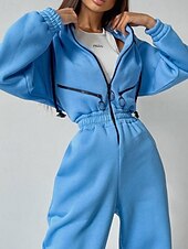 olcso nyaralás jumpsuit-Női Szabályos Jumpsuitek Utcai sikk Színes Hosszú ujj Kapucni Kollázs Cipzár Utca Napi Normál Fehér Arcpír rózsaszín Medence Ősz