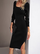 abordables Robes pull-Femmes Robe Midi Robe Pull Moulant Robe fourreau Mode Moderne Quotidien Fête Week-end Coupe régulière Uni manche longue Col carré Noir Bleu Vert Abricot Printemps Automne