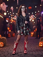 お買い得  女性向け-女性用ハロウィンスケルトン刺繍カウボーイブーツ - コスチュームパーティー、不気味なフェスティバル、夜のストリートスタイルに最適なゴシックウエスタンロングブーツ