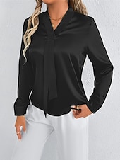economico Top eleganti-Per donna Camicia Camicia in raso Tinta unica Elegante Casual Manica Lunga Scollo a V Top Regolari Quotidiano Uscire Nodo frontale Nero Bianco Primavera Autunno