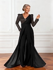 abordables Combinaisons pour maman-Combinaisons Robe de Mère de Mariée  Élégant Éclat &amp; Brillance Col en V Longueur au sol Chiffon manche longue avec Ceinture / Ruban Paillettes