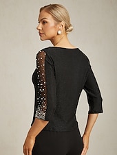  Pentru femei Topuri imbracate Ștrasuri Metalic Transparent Elegant Zilnic femei Lungime Manșon 3/4 Stil Nautic Topuri obișnuite Invitat la nunta Îmbrăcăminte de seară de petrecere Semi formal Negru