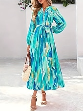abordables Robes fleuries décontractées-Femmes Robe Midi Robe Décontractée Robe Imprimée Élégant Mode Moderne Extérieur Quotidien Sortir Coupe régulière Graphique manche longue Col en V Bleu Printemps Automne