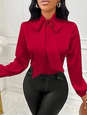 cheap Dressy Blouses-Women's Shirt Elegant Dressy Satin Top Bow Solid Color Elegant Stylish Basic Long Sleeve Tie Neck High Neck Regular Tops Daily Going out Red Spring Fall
