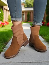 abordables Botines-Botines de ante sintético marrón claro para mujer con caña de punto acanalado: acogedores botines estilo Chelsea para otoño e invierno, ideales para looks informales.