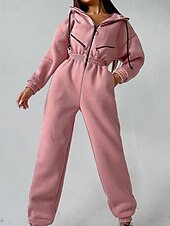 olcso nyaralás jumpsuit-Női Szabályos Jumpsuitek Utcai sikk Színes Hosszú ujj Kapucni Kollázs Cipzár Utca Napi Normál Fehér Arcpír rózsaszín Medence Ősz