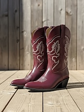 ieftine Cizme Cowboy &amp; Western-Cizme cowboy pentru femei cu cusături western brodate, vârf ascuțit și toc bloc jos - încălțăminte urbană casual elegantă pentru ținute de stradă și de zi cu zi