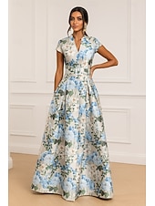 economico Abiti da Sera a Linea A-Linea ad A Lunghezza al pavimento Abito da Sera Da principessa Abito formale Elegante Vintage Manica Corta Scollo a V Matrimonio Formale Tasca Raso con Stampa floreale