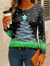 abordables T-shirts de Noël-Noël Femmes T-shirt Graphique Arbre de Noël ancien Mode Élégant manche longue Col ras du cou Hauts Réguliers Quotidien Week-end Imprimé Jaune Rose Claire Rouge Bleu Vert Printemps Automne Hiver
