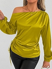 voordelige Elegante topjes-Dames Overhemd Satijnen overhemd Effen Kleur Stijlvol Casual Lange mouw koude schouder Normale tops Dagelijks Uitgaan Asymmetrisch Geel Bruin Lente Herfst