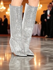 economico Stivali ampi-stivali alti fino al ginocchio con strass da donna, con punta affilata e tacco grosso, calzature scintillanti in stile slouchy per feste in città a Natale e Capodanno