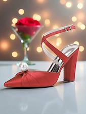 cheap Cocktail-Women&#039;s Blue Satin Block Heel Pumps with Pearl Detail and Ankle Strap - Elegant Pointed Toe Shoes for Formal Occasions and Cocktail Parties