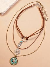 Χαμηλού Κόστους Γυναικείο Κολιέ-Γυναικείο μποέμ κολιέ με στρώσεις, τριπλό κόσμημα με φτερό, δέντρο της ζωής και vintage στρογγυλό γούρι για φεστιβάλ, πάρτι και casual ρούχα