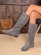cheap Slouch Boots-Women&#039;s Slouchy Mid-Calf Boots with Floral Cutout Design, Casual Boho Style for Autumn Street and Everyday Wear