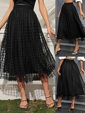 billige Festkjoler-Dame الالتفاف A-linje Mote Fritid Midi Høy Midje Skjørt عادي Lomme Multi Layer Tyll Mikroelastisk Gate Daglig Svart Vår Polyester