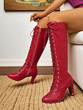  מגפי שרוכים בגובה הברך לנשים עם עקב בלוק - מגפיים גבוהים בסגנון גותי ויקטוריאני דמוי עור לנשים, מושלמים לקוספליי, סטימפאנק, מסיבות ותלבושות אופנה