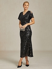  Per donna Abito maxi Tubino Abito a sirena Elegante Festa cocktail Spalle scoperte Festa serale Cocktail party Paillettes Floreale Manica Corta Scollo a V Nero