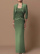 abordables Ensembles de robes pour maman-Robe fourreau mère de la mariée invitée de mariage élégante grande taille encolure droite longueur au sol en chiffon satin dentelle sans manches robes à courte veste avec ceinture  appliques en ruban