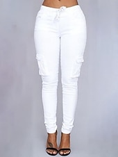 baratos Calças Skinny Femininas-Mulheres chinês calças justas Moda Roupa de rua Casual Comprimento total Cintura Alta Tecido Com Cordão Bolsos Confortável Macio Micro-Elástica Ao ar livre Rua Branco Verde Tropa Vermelho Verão