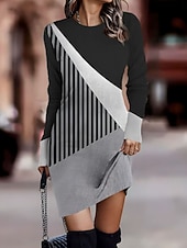 baratos Vestido Listrado e Geométrico-Mulheres Minivestido Vestido T shirt Vestido de turno Vestido de verão Férias Casual Festa Diário Normal Gráfico Geométrica Manga Longa Gola Redonda Preto Azul Camelo Primavera Outono Inverno