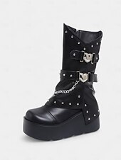 levne Pro ženy-Dámské gotické kozačky na platformě do poloviny lýtek, punk rock, nýtový řetízek, černobílé boty na halloweenskou párty, cosplay kostým, noční klub, streetwear a gotickou módu