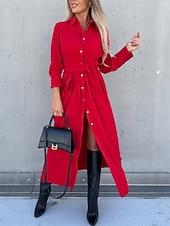 abordables Robe Simple-Femmes Robe Midi Robe trapèze Occasionnel Quotidien Coupe régulière Uni manche longue Revers Noir Rouge Vert Abricot Printemps Automne Hiver