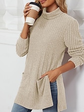 billiga Kvinnors Enfärgade Toppar-Dam Blus Ensfärgat Stylish Ledigt Långärmad Hög hals Långa toppar Dagligen Ficka Svart Rubinrött Blå Kaki Grå Vår Höst Vinter