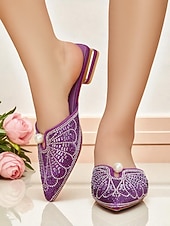 baratos Festa da Vida Noturna-mules femininas com strass dourados e detalhes em pérolas - sapatos glamorosos de bico fino e sem cadarço para a vida noturna e coquetéis
