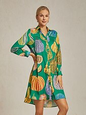 abito camicia da donna con stampa zucca verde, scollo a V, vestibilità ampia, orlo asimmetrico, spacco, per vacanza, quotidiano, lavoro, festa, autunno, primavera, estate economico Abiti floreali-abito camicia da donna con stampa zucca verde, scollo a V, vestibilità ampia, orlo asimmetrico, spacco, per vacanza, quotidiano, lavoro, festa, autunno, primavera, estate