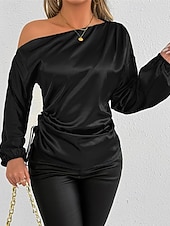 baratos Blusas Elegantes-Mulheres Camisa Social Elegant Elegante Top de cetim Assimétrico Tecido à moda Casual Manga Longa ombro frio Tops regulares Diário Para Noite Preto Verde Primavera Outono