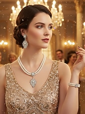 cheap Women&#039;s Necklace-Women&#039;s Pearl Jewelry Set with Crystal Flower Accents - Vintage Gatsby Style Necklace, Earrings and Bracelet for 1920s Party and Cocktail Events
