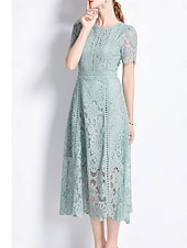 preiswerte Lässige / Tageshochzeit-Mutter der Braut Kleid Elegantes Kleid Crew-Ausschnitt Teekleid Spitze Kurzarm mit Spitze
