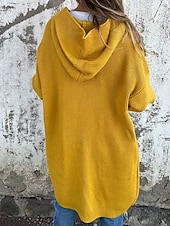 preiswerte Offene Frontstrickjacke-Damen Pullover Strickjacke Streetwear Lässig Einfarbig Mit Kapuze Tasche Knöpfe Gestrickt Langarm Lange Oberteile Stricken Täglich Ausgehen Wochenende Schwarz Gelb Herbst Winter