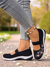 economico Sneakers da donna-sneakers da donna modello Mary Jane in Flyknit viola con ricami floreali, scarpe leggere e traspiranti per camminare e per outfit casual