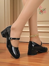 billige 1950-talls retro-Damesko med burgunderfargede Mary Jane-hæler i lakkskinn – vintage pensko fra 50-tallet med blokkhæl og spenne for jenter, cosplay og festantrekk