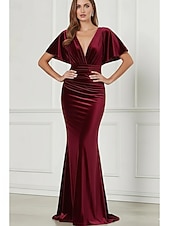 billiga Mermaid Evening Dresses-Mermaid Trumpet Floor Length Prom Dresses Evening Gown Ball Gown Formal Dress Elegant Short Sleeve V Neck Wedding Formal Velvet with Pleats
