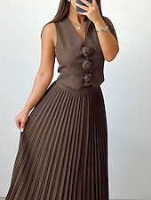 abordables Ensembles de robes-Femmes Robe Midi Robe Décontractée Robe Ensemble Robe en Satin Élégant Mode Moderne Extérieur Quotidien Sortir Coupe régulière Uni Sans manches Col en V Noir Rose Claire Vin Bleu Printemps Automne