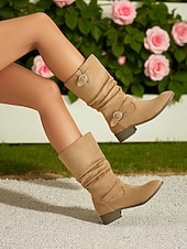 ieftine Cizme Slouch-Ghete largi pentru femei cu barete cu cataramă până la jumătatea gambei – ghete de iarnă în stil vintage din piele întoarsă pentru ținute casual și modă de toamnă