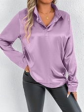 economico Top eleganti-Per donna Camicia Camicia in raso Tinta unica Elegante Casual Manica Lunga Colletto a Camicia Top Regolari Quotidiano Uscire Bottoni Rosa Viola Verde Primavera Autunno