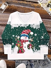 abordables Hauts de Noël-Noël Femmes T-shirt Graphique Bonhomme de neige ancien Élégant Classique manche longue Col en V Hauts Réguliers Quotidien Imprimé Vert Printemps Automne Hiver