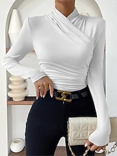 preiswerte Damen Einfache Oberteile-Damen Bluse Einfarbig Stilvoll Lässig Langarm V Ausschnitt Normale Oberteile Täglich Gerafft Schwarz Weiß Aprikose Grau Frühling Herbst Winter