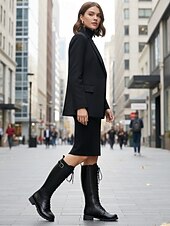 baratos Botas de montaria-botas de combate femininas pretas com cadarço, detalhe de fivela e zíper, calçado urbano robusto para trajes modernos