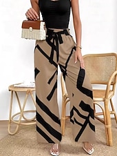 cheap Wide Leg &amp; High Waisted-Women's Culottes Wide Leg Chinos Streetwear Casual Full Length Medium Waist Geometric Pattern Elastic Waist Comfortable Micro-elastic Daily Outdoor Street Brown Spring Fall Loose Fit