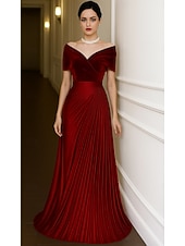 cheap Sheath Evening Dresses-Green Black Velvet A-Line Evening Gown Elegant Dress Formal Wedding Floor Length Short Sleeve Off Shoulder Satin with Pleats 2025