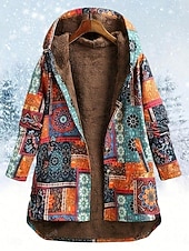 baratos Jaquetas Forradas de Fleece-Mulheres Jaqueta sherpa Jaqueta casual Confortável Respirável Imprimir Casual Geométrica Férias Rua Casual Roupa Diária Abertura Frontal Longo Com Capuz Normal Manga Longa agasalhos Laranja Primavera