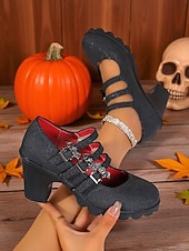 abordables Pour les femmes-Escarpins Mary Jane à talons épais pour femme, chaussures de soirée gothiques noires avec brides à boucle chauve-souris, pour déguisement, soirée et cosplay.