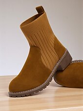 abordables Botines-Botines de ante sintético marrón claro para mujer con caña de punto acanalado: acogedores botines estilo Chelsea para otoño e invierno, ideales para looks informales.