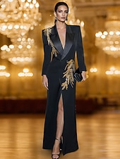 ieftine Rochii de smoking-Rochie blazer Black Tie Rochie frac Aplicație cu paiete aurii Invitată la nuntă formală Satin crep elastic Elegantă cu fanta înaltă mânecă lungă guler satin în vârf