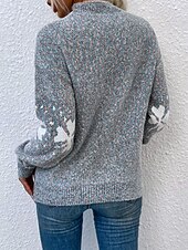 billige Grafiske mønstre og detaljer-Dame Genser Fritid Myk snowflakes Riflet Crew-hals Strikket Langermet Vanlige topper Strikke utendørs Daglig Helg Rosa Mørkegrå Høst Vinter
